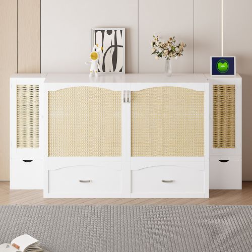 Queen Size Murphy Bed Wall Bed with Drawer and Rattan Decoration with 2 Storage Cabinets, One set of Sockets & USB Ports, Pulley Structure Design, Whi
