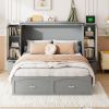 Queen Size Murphy Bed Wall Bed with Drawer and Rattan Decoration with 2 Storage Cabinets, One set of Sockets & USB Ports, Pulley Structure Design, Gra