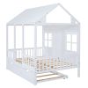 Full Size Wood House Bed With Twin Size Trundle, Wooden Daybed, White