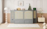 Queen Size Murphy Bed Wall Bed with Drawer and Rattan Decoration with 2 Storage Cabinets, One set of Sockets & USB Ports, Pulley Structure Design, Gra