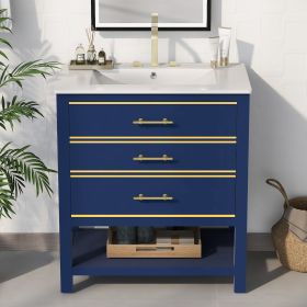 [Viedo]Modern 30inch Navy Blue/White Bathroom Vanity Cabinet Combo with Open
Storge, Two Drawers (Material: Solid Wood+MDF, Color: Blue)