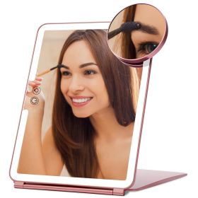 Folding Travel Makeup Mirror With 10X Magnifying Mirror 3 Color LED Lights Dimmable Brightness Rechargeable Battery Tabletop Portable Cosmetic Mirror (size: L)